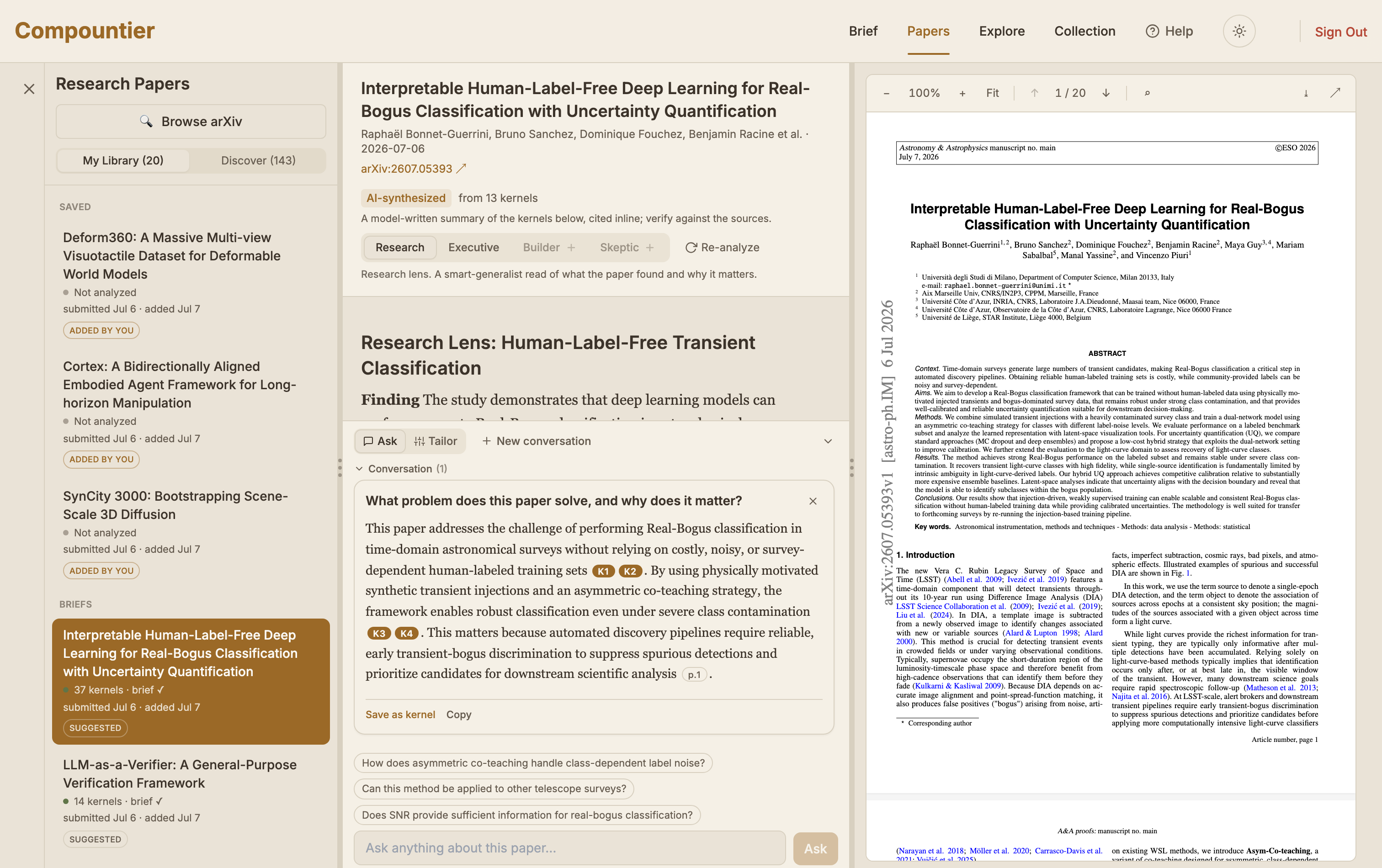 Compountier Papers: a question answered with inline kernel citations and page anchors, with save-as-kernel and follow-up chips
