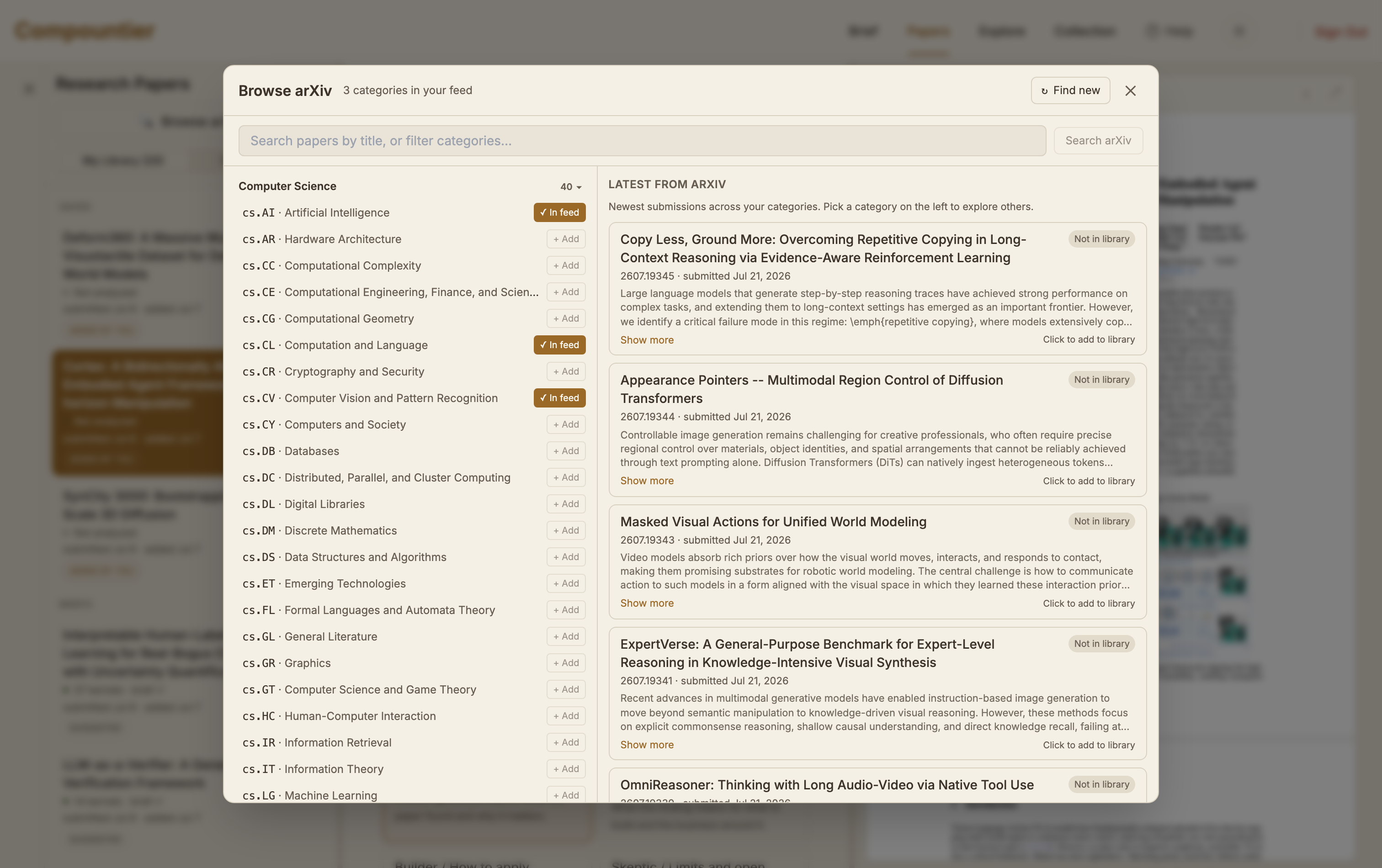 Compountier Papers: the Browse arXiv modal with the category tree and latest submissions, adding papers to the feed